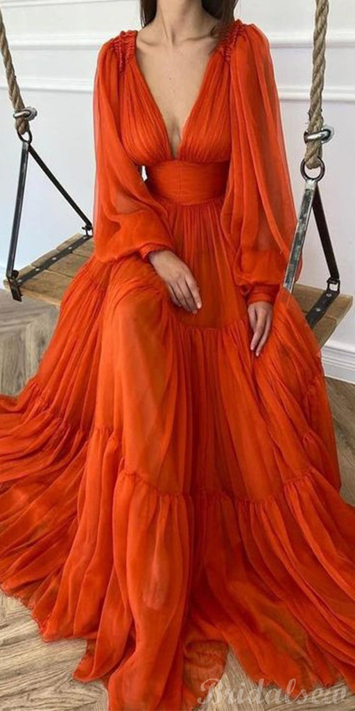 A-line Long Sleeves Light Burnt Orange Modest Prom Dresses PD018