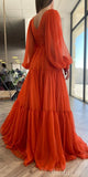 A-line Long Sleeves Light Burnt Orange Modest Prom Dresses PD018
