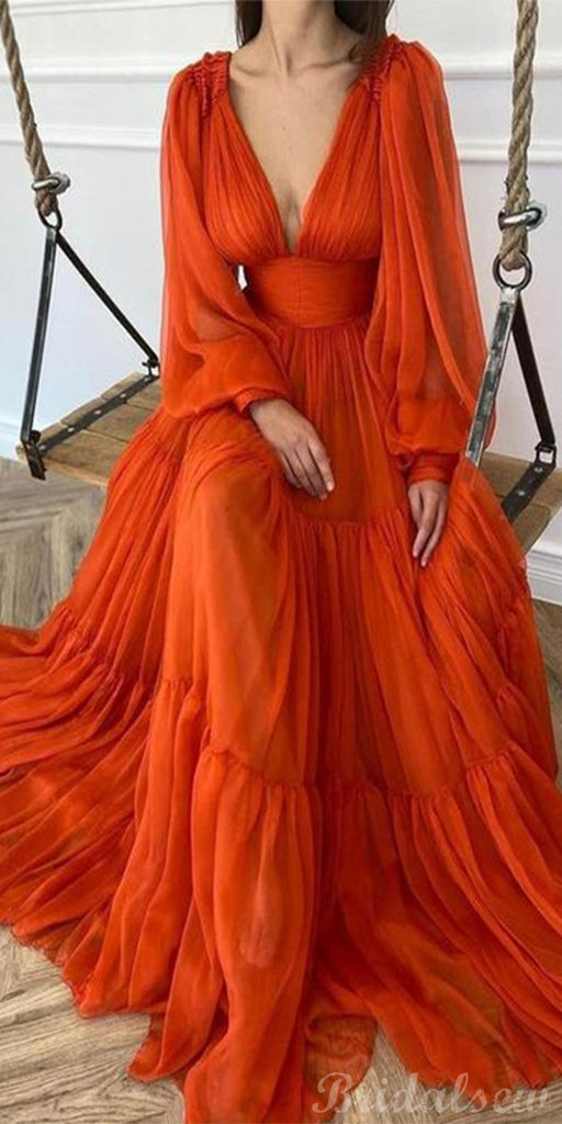 A-line Long Sleeves Light Burnt Orange Modest Prom Dresses PD018