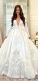 A-line Long Sleeves Satin Gorgeous Beach Vintage Long Wedding Dresses, Dream Bridal Gown WD422