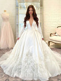 A-line Long Sleeves Satin Gorgeous Beach Vintage Long Wedding Dresses, Dream Bridal Gown WD422