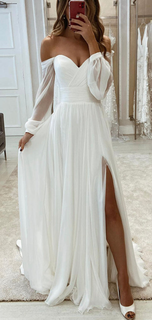 A-line Long Sleeves Simple Boho Vintage Dream Beach Long Wedding Dresses WD256