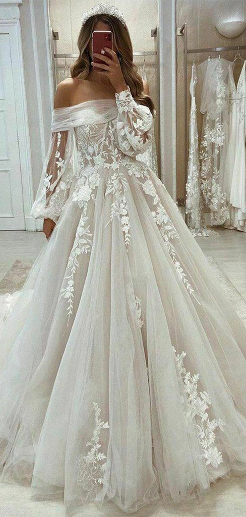 Ball Gown Long Sleeve Wedding Dress White Rhinestone Beautiful Tulle Wedding  Dress SEW015 – SELINADRESS