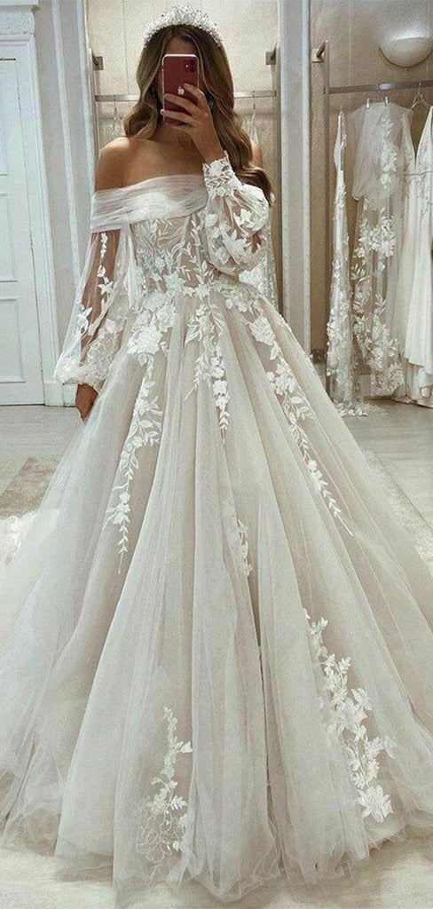 A-line Long Sleeves Tulle Fairy Vintage Garden Beach Long Wedding Dresses WD201