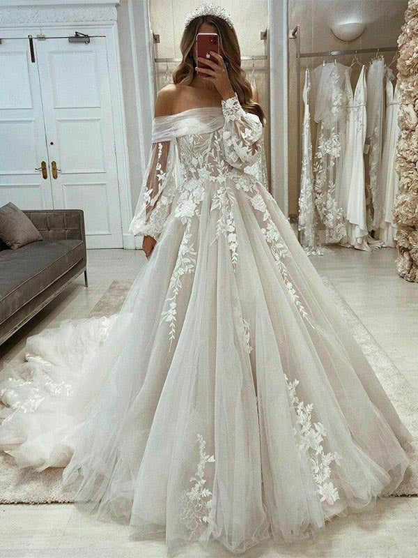 A-line Long Sleeves Tulle Fairy Vintage Garden Beach Long Wedding Dres bridalsew A-line Long Sleeves Tulle Fairy Vintage Garden Beach Long Wedding Dres bridalsew