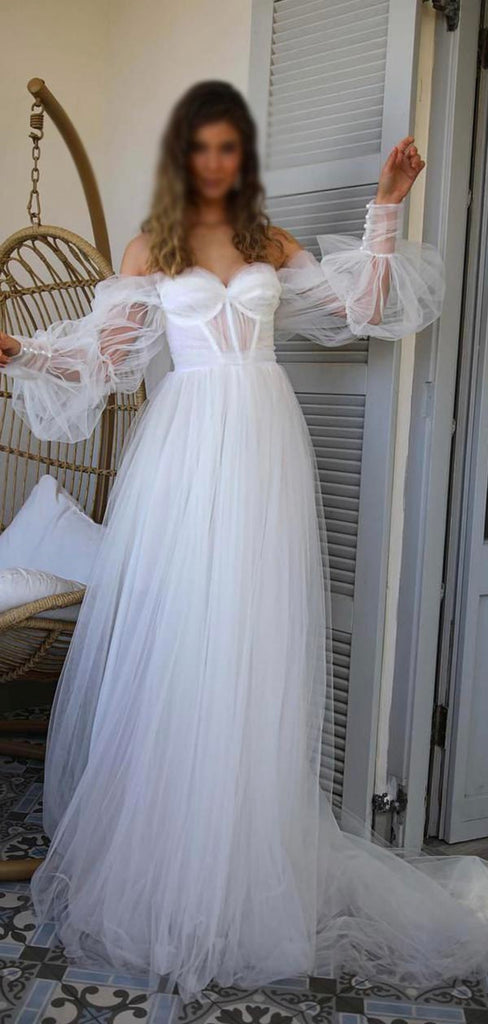 A-line Long Sleeves Tulle Garden Fairy Vintage Beach Long Wedding Dresses WD199