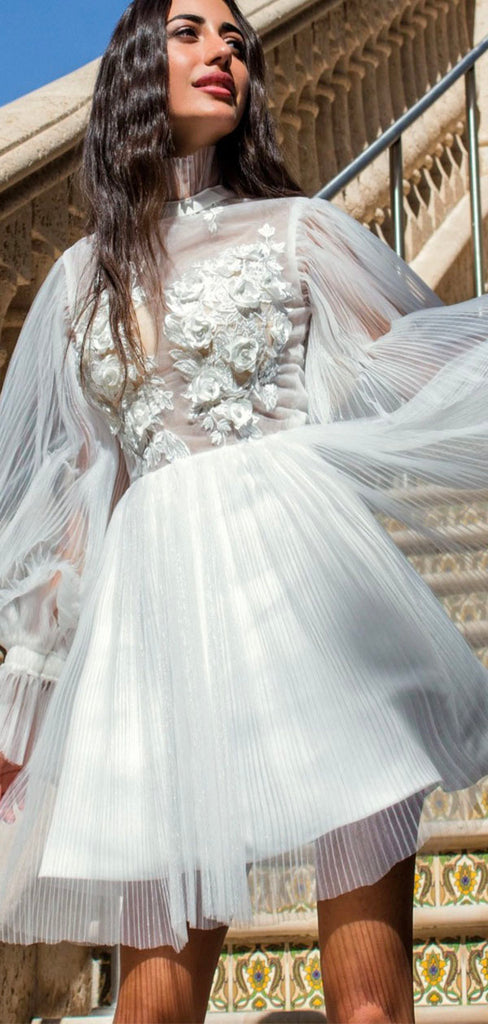 A-line Long Sleeves Unique Design Vintage Romantic Beach Wedding Dresses WD154