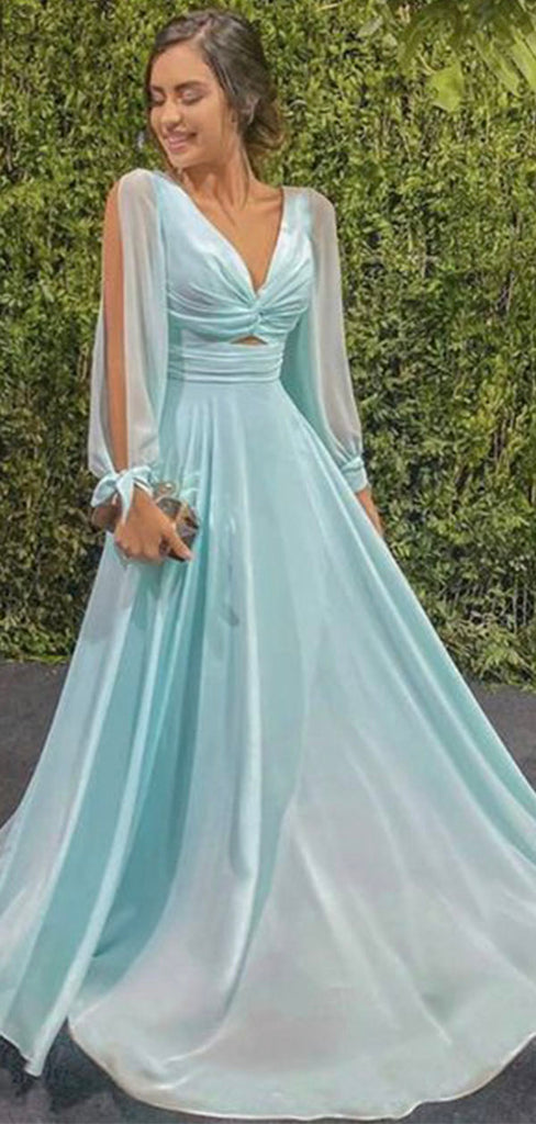 A-line Long Sleeves V-Neck Fairy Modest Evening Long Prom Dresses PD327