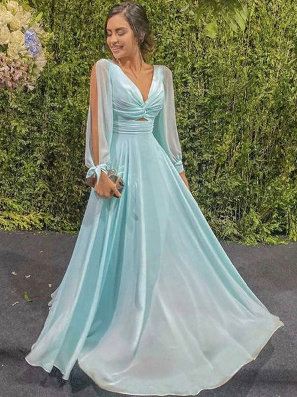 A-line Long Sleeves V-Neck Fairy Modest Evening Long Prom Dresses PD327