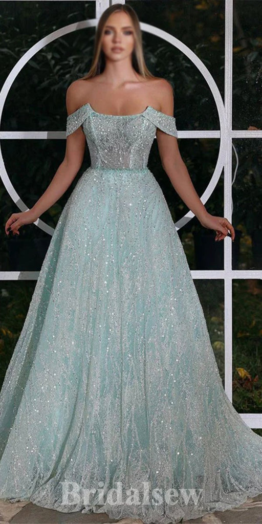 A-line Mint Glitter Modest Sequin Sparkly Stylish Party Evening Long Prom Dresses PD1127