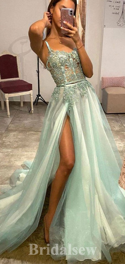 A-line Mint Green Modest High Quality Glitter Elegant Long Evening Prom Dresses PD1212