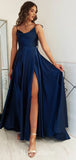 A-line Navy Blue Spaghetti Straps Simple Elegant Long Party Evening Prom Dresses PD1283