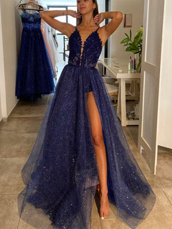 A-line Navy Blue Sparkly Unique Party Modest Formal Long Prom Dresses PD293