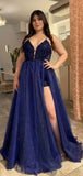 A-line Navy Blue Sparkly Unique Party Modest Formal Long Prom Dresses PD293