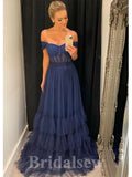 A-line Navy Blue Unique Off the Shoulder New Best Modest Elegant Long Women Evening Prom Dresses PD903