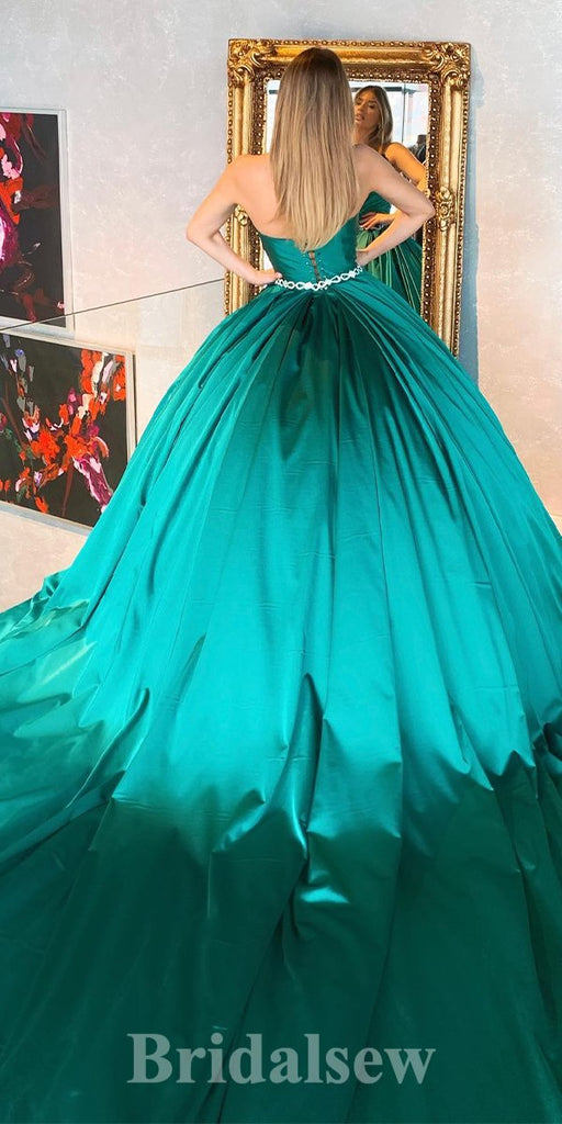 A-line New Long Green Satin Modest Princess Party Prom Dresses, Ball Gown PD1180