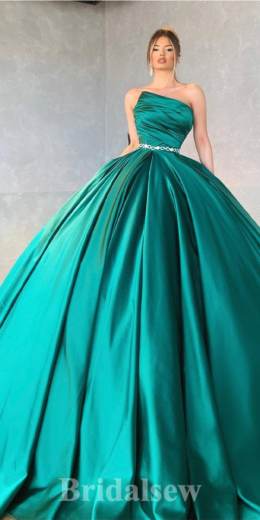 A-line New Long Green Satin Modest Princess Party Prom Dresses, Ball Gown PD1180