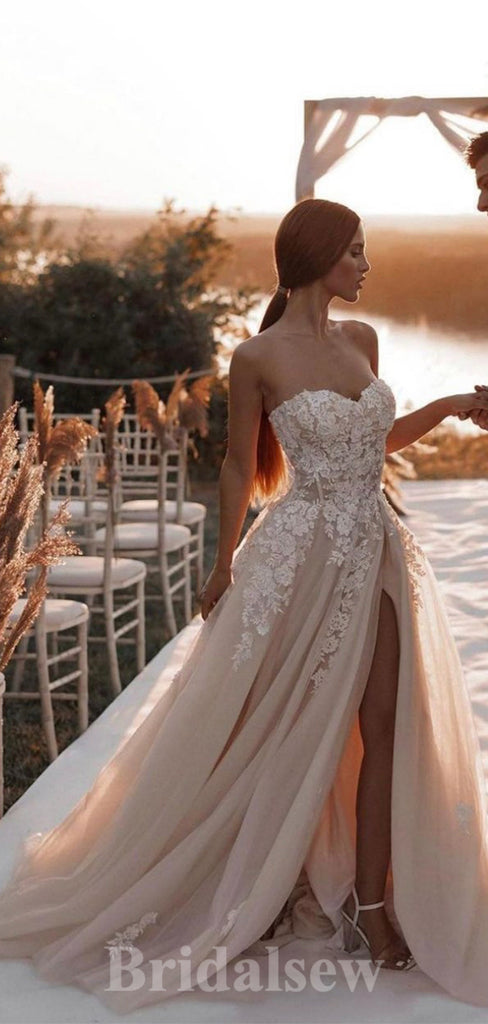 A-line New Popular Elegant Strapless Slit Vintage Dream Beach Long Wedding Dresses, Bridal Gown WD473