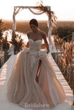 A-line New Popular Elegant Strapless Slit Vintage Dream Beach Long Wedding Dresses, Bridal Gown WD473