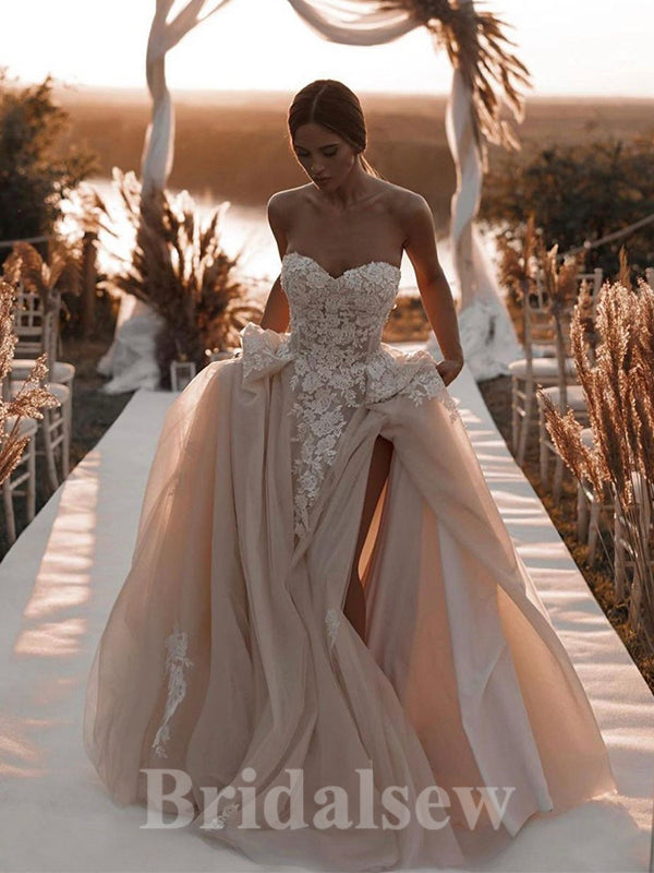 A-line New Popular Elegant Strapless Slit Vintage Dream Beach Long Wedding Dresses, Bridal Gown WD473