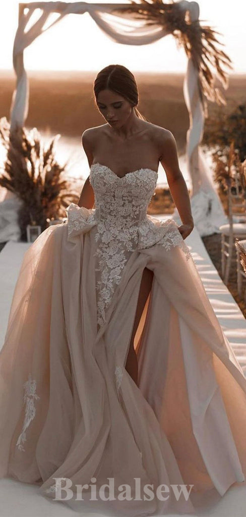 A-line New Popular Elegant Strapless Slit Vintage Dream Beach Long Wedding Dresses, Bridal Gown WD473