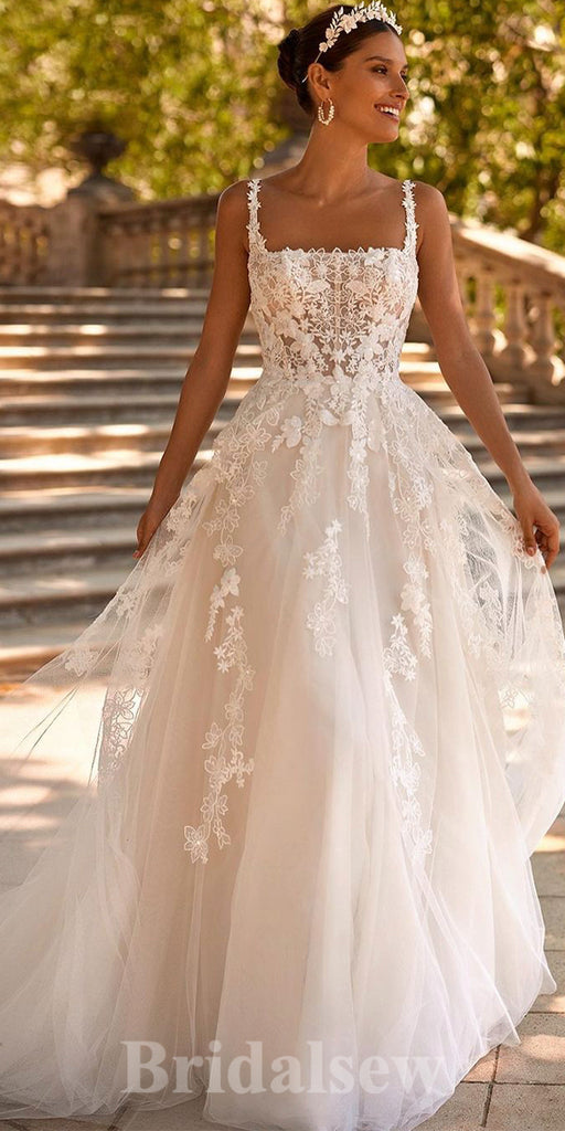Vintage Lace Scoop Neckline A Line Tulle Wedding Bridal Dress – Pgmdress