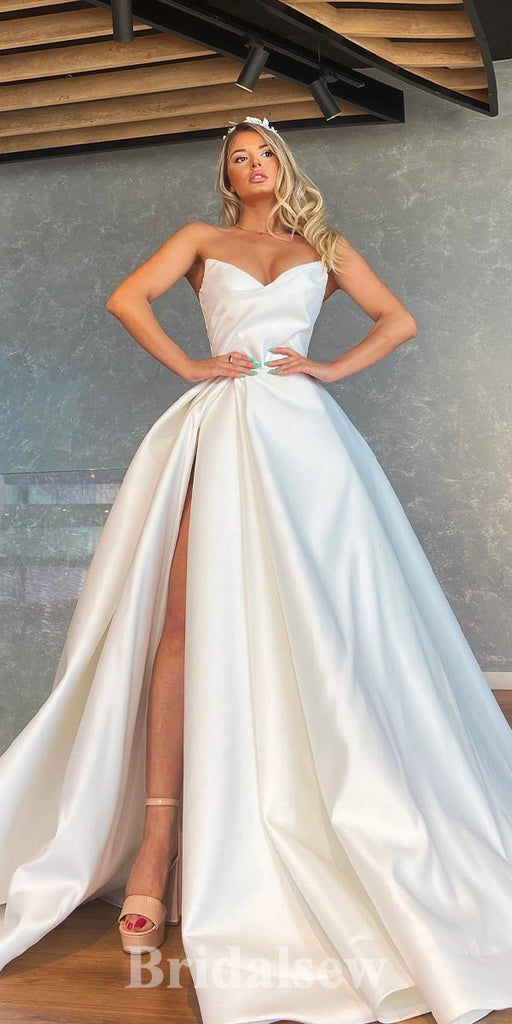 A-line New Satin Strapless Gorgeous Vintage Dream Beach Long Wedding Dresses, Bridal Gown WD483
