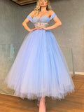 A-line Off Shoulder Blue New Modest Princess Custom Party Prom Dresses PD1185