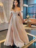 A-line Off Shoulder Modest Sequin Sparkly Stylish Party Evening Long Prom Dresses PD1128