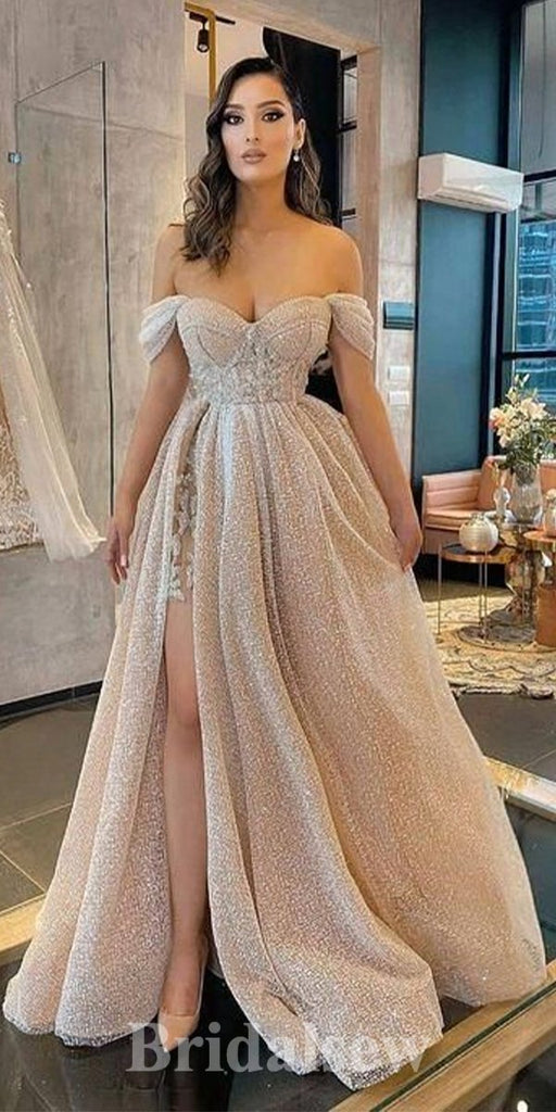 A-line Off Shoulder Modest Sequin Sparkly Stylish Party Evening Long Prom Dresses PD1128
