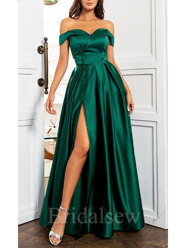 A-line Off The Shoulder Green Satin Black Girls Slay Women Long Evening Prom Dresses PD586