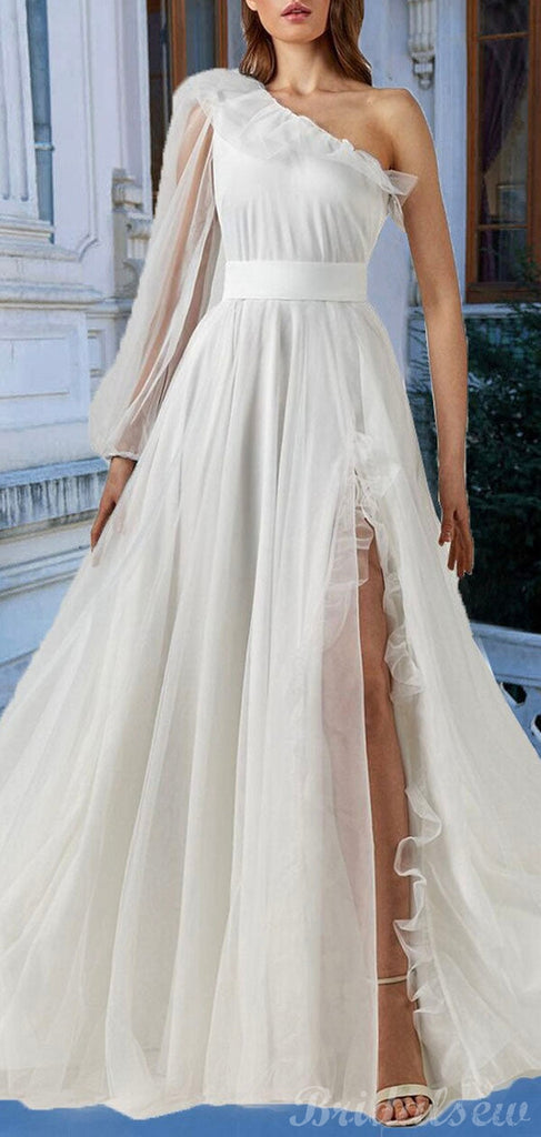 A-line Off White One Shoulder Side Slit Modest Party Long Prom Dresses PD363