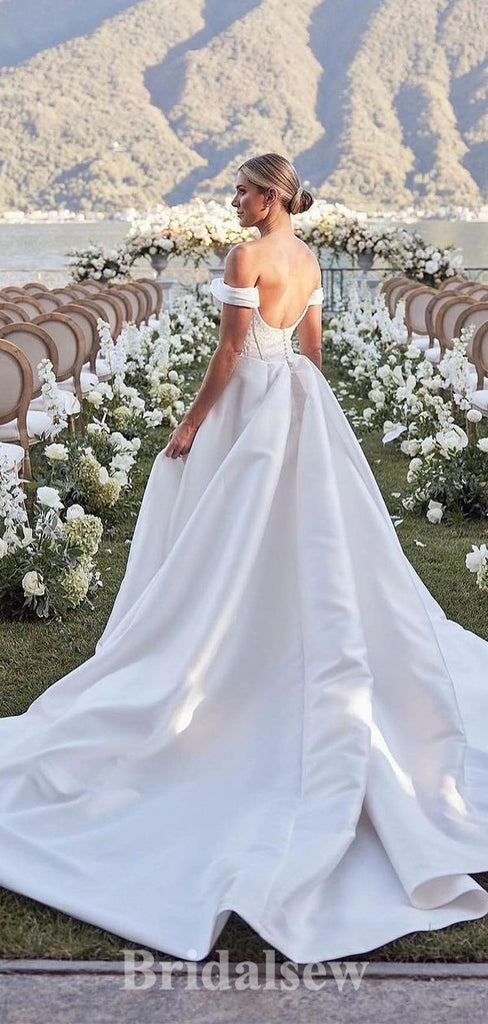 A-line Off the Shoulder Best Satin Princess Vintage Dream Beach Long Wedding Dresses, Bridal Gown WD486