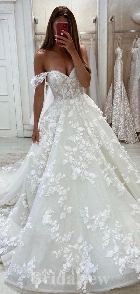 A-line Off the Shoulder Lace Beach Vintage Long Wedding Dresses, Bridal Gown WD353