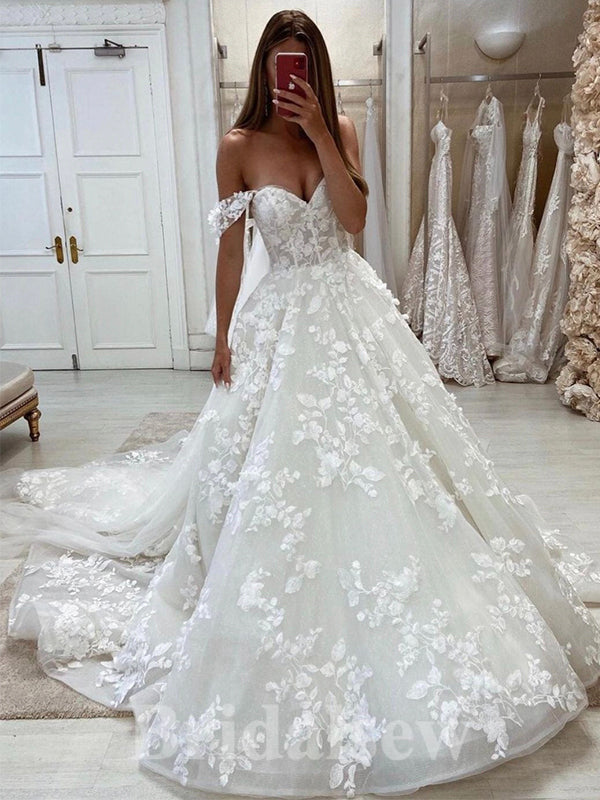 A-line Off the Shoulder Lace Beach Vintage Long Wedding Dresses, Bridal Gown WD353