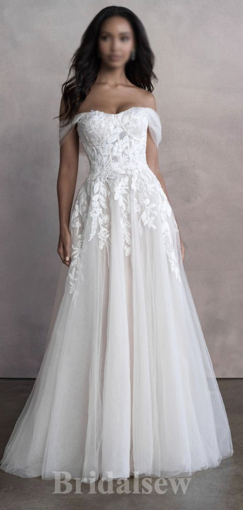 A-line Off the Shoulder Lace Classy Fairy Beach Vintage Long Wedding Dresses WD342