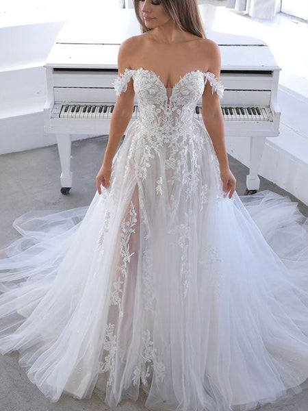A-line Off the Shoulder Lace Vintage Long Wedding Dresses WD037 – bridalsew