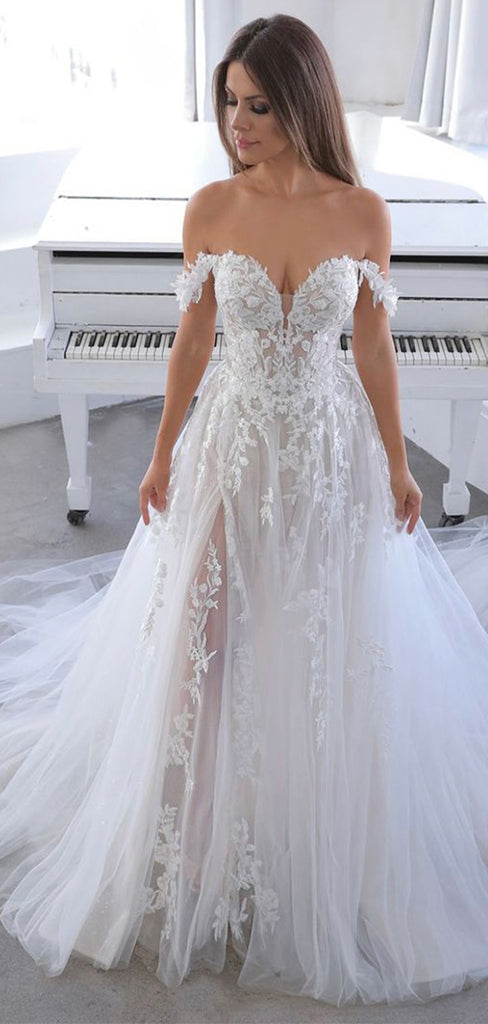 A-line Off the Shoulder Lace Vintage Long Wedding Dresses WD037