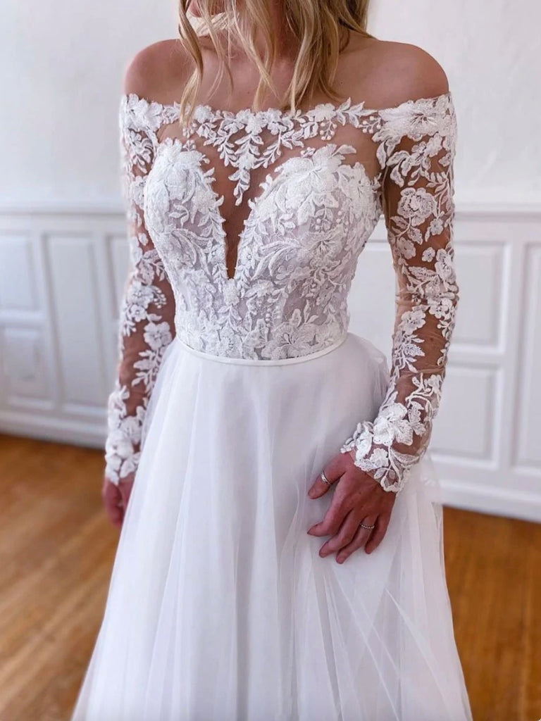 A-line Off the Shoulder Long Sleeves Lace Garden Beach Vintage Long Wedding Dresses, Bridal Gown WD310