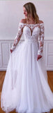 A-line Off the Shoulder Long Sleeves Lace Garden Beach Vintage Long Wedding Dresses, Bridal Gown WD310