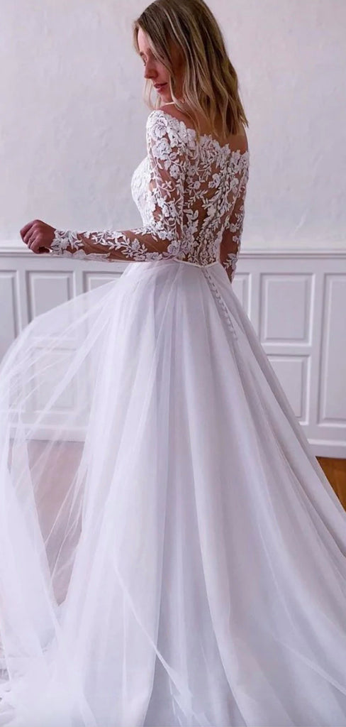 A-line Off the Shoulder Long Sleeves Lace Garden Beach Vintage Long Wedding Dresses, Bridal Gown WD310