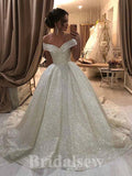 A-line Off the Shoulder Sequin Giltter Gorgeous Vintage Dream Beach Long Wedding Dresses, Bridal Gown WD469