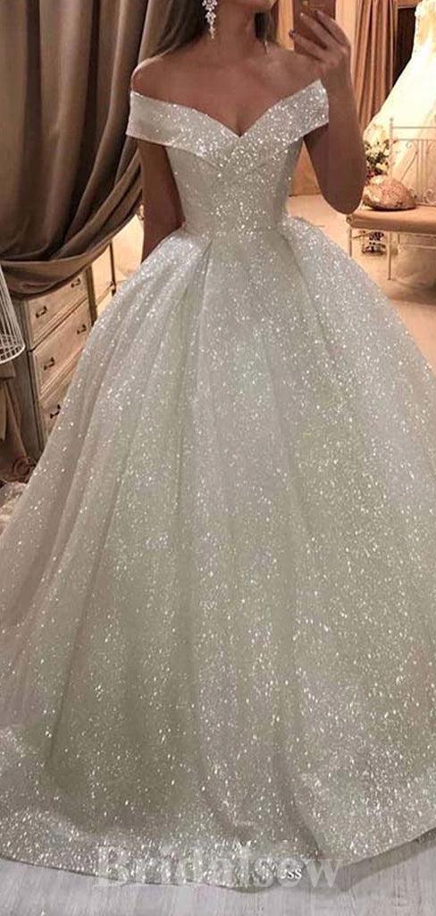 A-line Off the Shoulder Sequin Giltter Gorgeous Vintage Dream Beach Long Wedding Dresses, Bridal Gown WD469