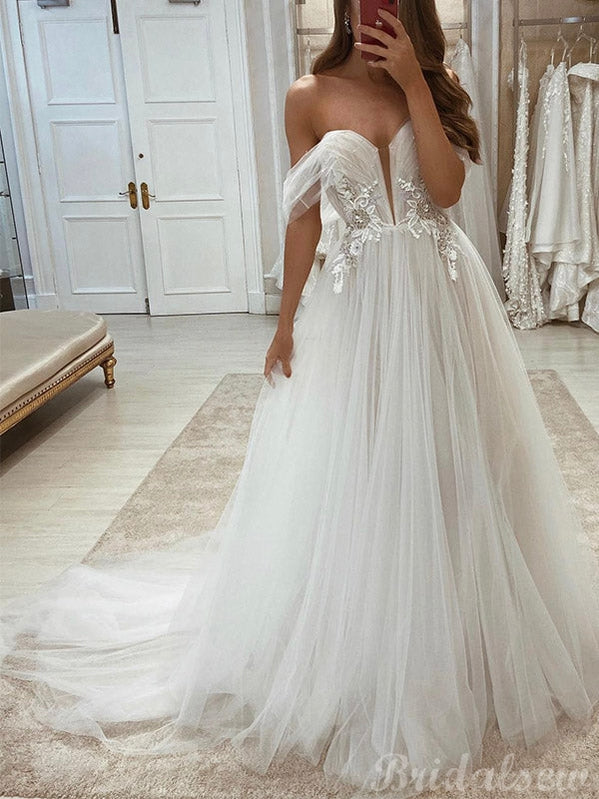 A-line Off the Shoulder Tulle Custom Princess Vintage Garden Beach Long Wedding Dresses WD239