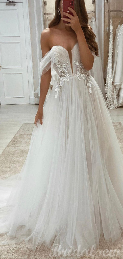 A-line Off the Shoulder Tulle Custom Princess Vintage Garden Beach Long Wedding Dresses WD239