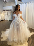 A-line Off the Shoulder Vintage Lace Romantic Beach Long Wedding Dresses WD156