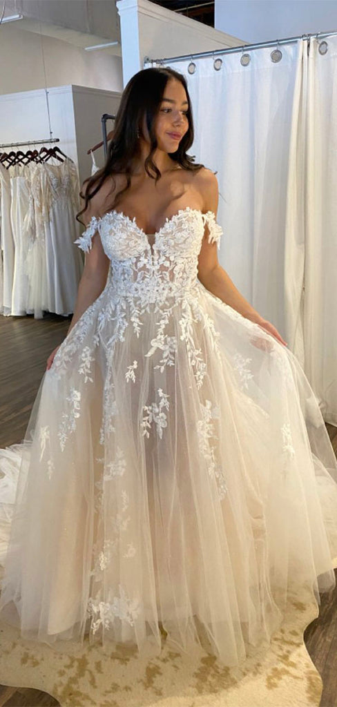 A-line Off the Shoulder Vintage Lace Romantic Beach Long Wedding Dresses WD156