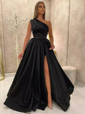 A-line One Shoulder Black Elegant Fashion Formal Long Evening Prom Dresses PD277