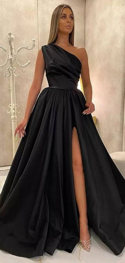 A-line One Shoulder Black Elegant Fashion Formal Long Evening Prom Dresses PD277