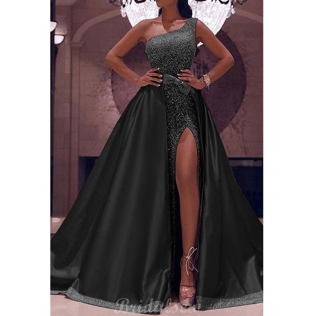 A-line One Shoulder Black Satin Modest Party Queen Prom Dresses PD032